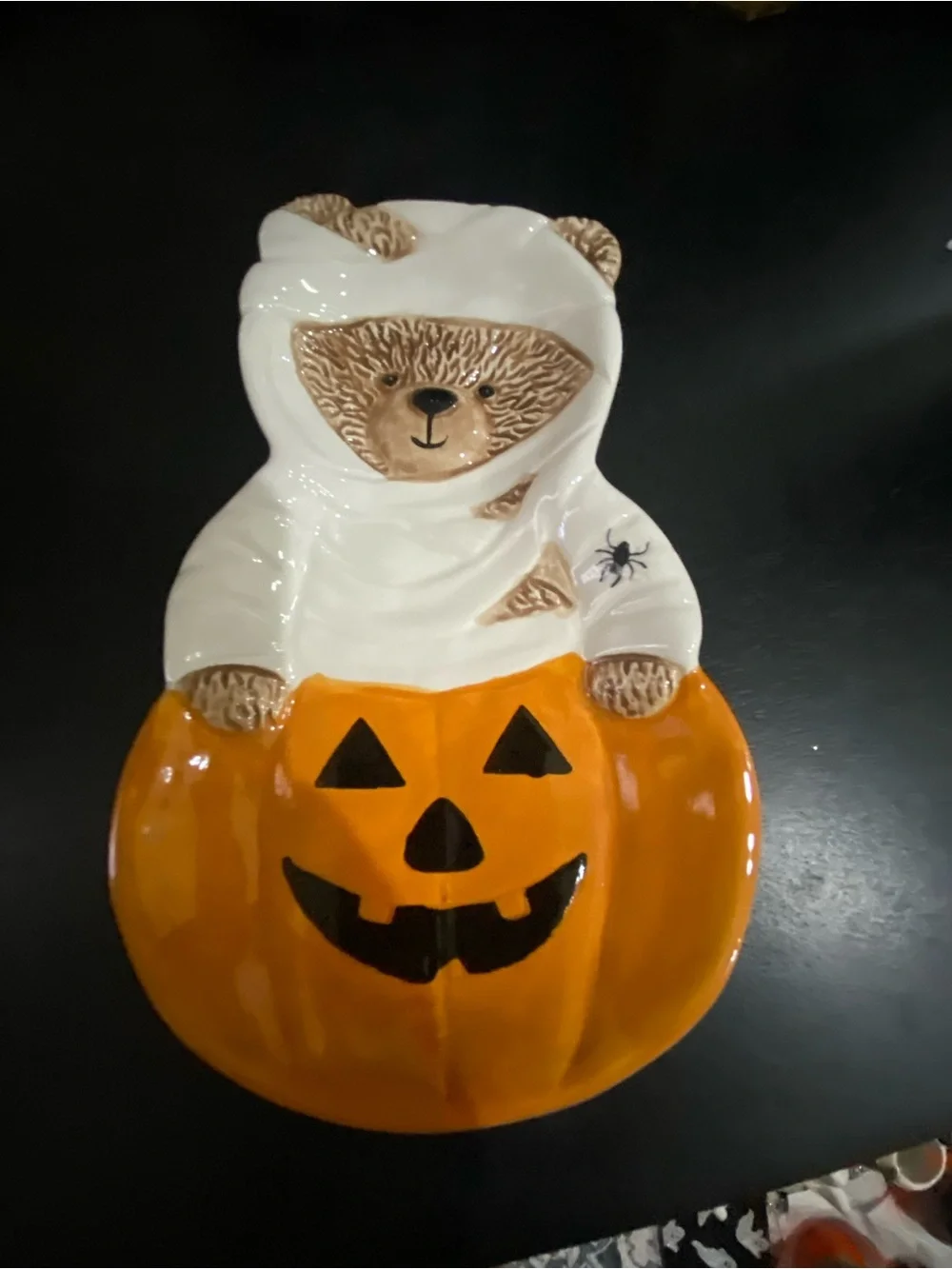 Halloween Pumpkin Bear Ceramic Dish - White & Orange